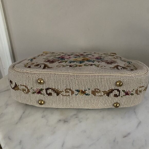 Vintage Handbag Needlepoint Floral Tortoise Handle Strap Mirror Comb Coin Purse - Picture 8 of 16